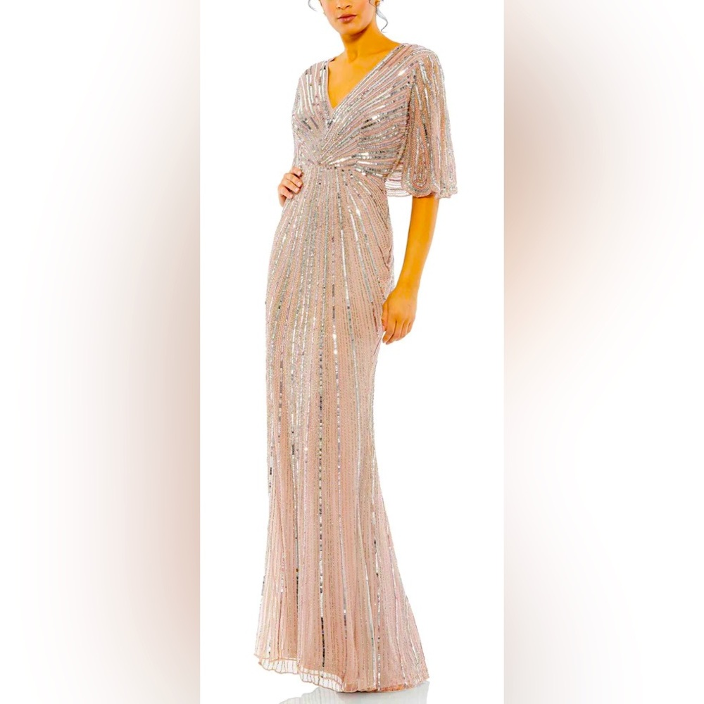 👗NWT! Mac Duggal Sequin Cape Sleeve Column Gown
